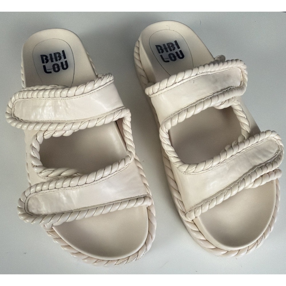 Bibi Lou Lama Double Strap Slide Sandal Beige Cream Rope Braided SZ41 US 10-10.5